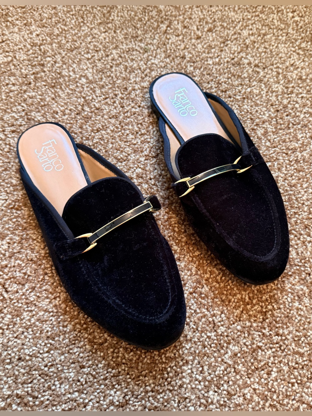 Franco Sarto Black Velvet Mule Slides with Gold Bar